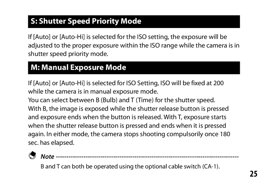 Ricoh A12 instruction manual Shutter Speed Priority Mode, Manual Exposure Mode 