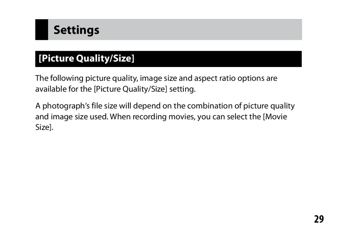 Ricoh A12 instruction manual Settings, Picture Quality/Size 