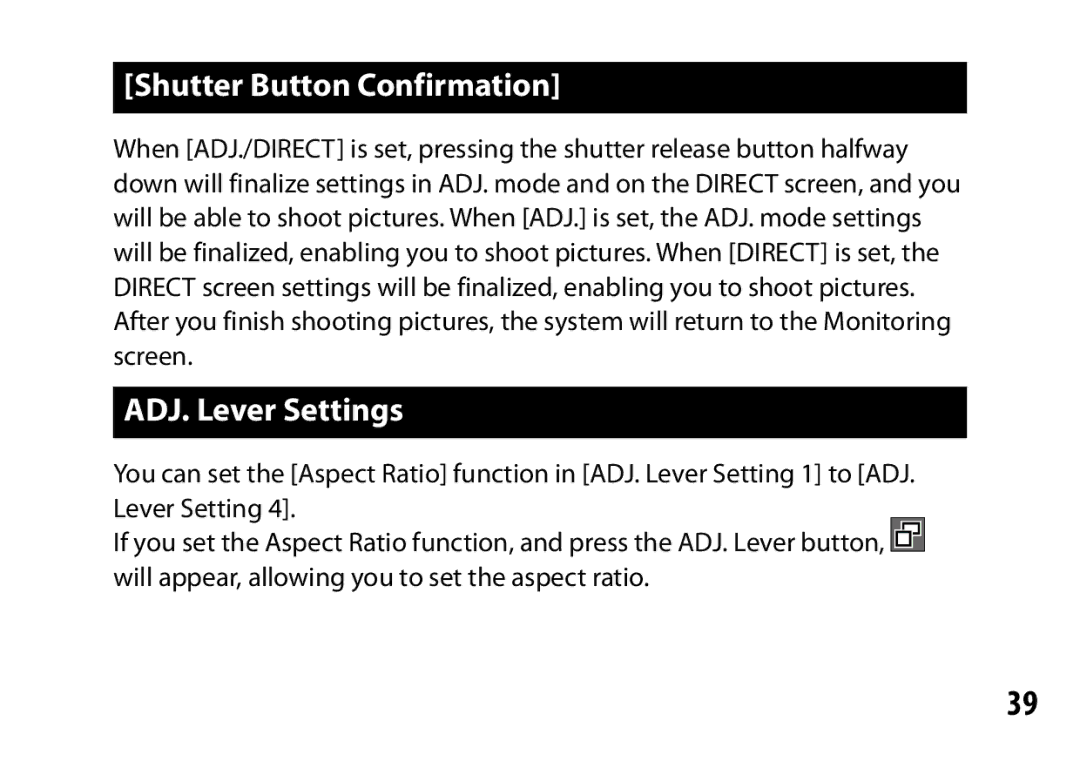 Ricoh A12 instruction manual Shutter Button Confirmation, ADJ. Lever Settings 