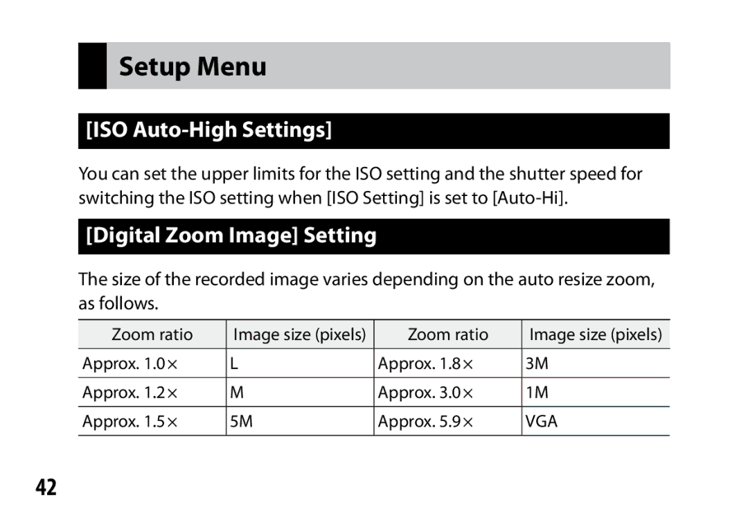 Ricoh A12 instruction manual Setup Menu, ISO Auto-High Settings, Digital Zoom Image Setting 