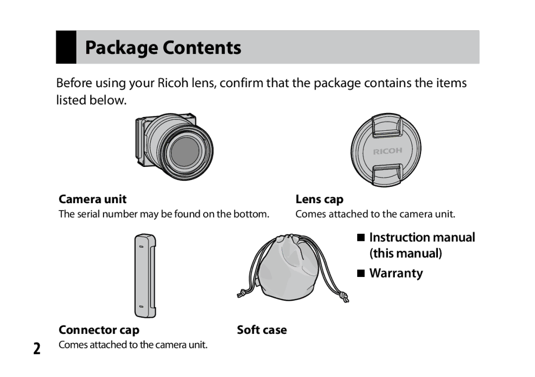 Ricoh A16 instruction manual Package Contents 