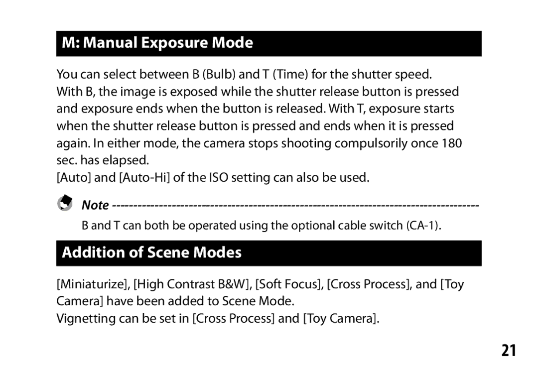 Ricoh A16 instruction manual Manual Exposure Mode, Addition of Scene Modes 