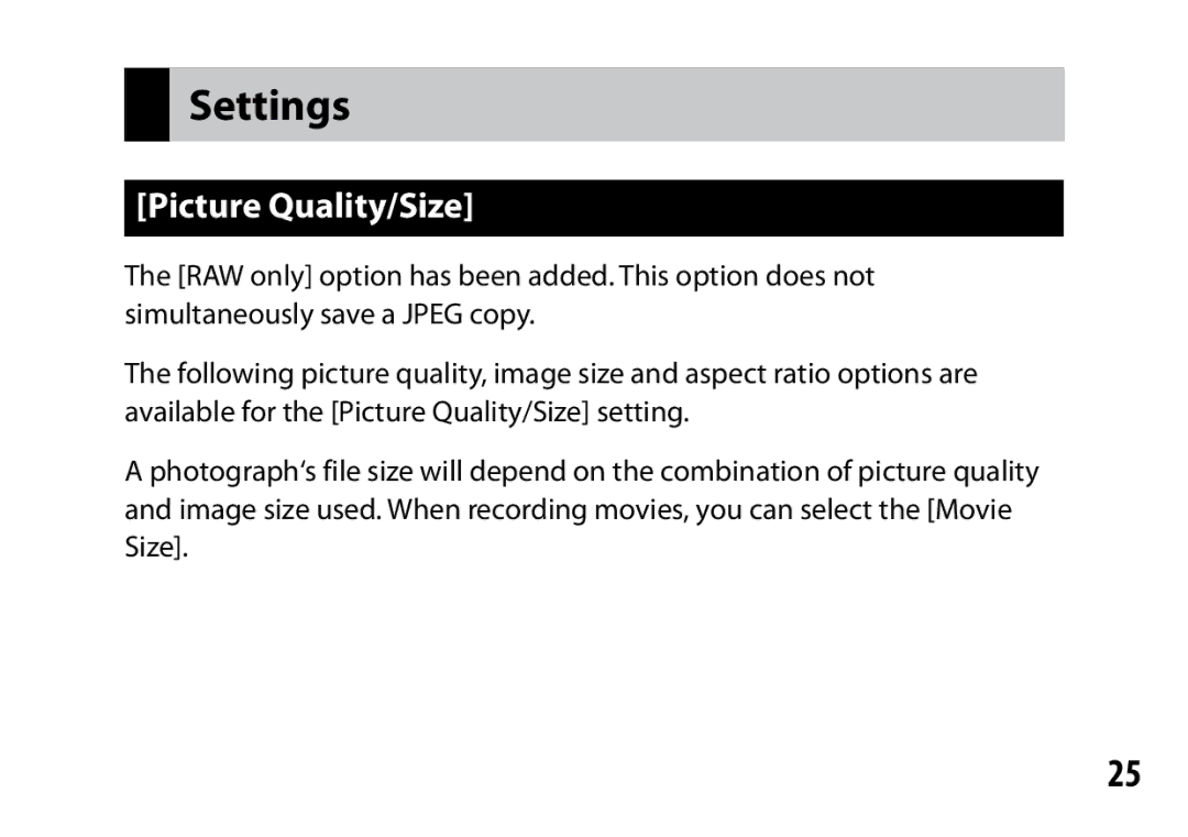 Ricoh A16 instruction manual Settings, Picture Quality/Size 