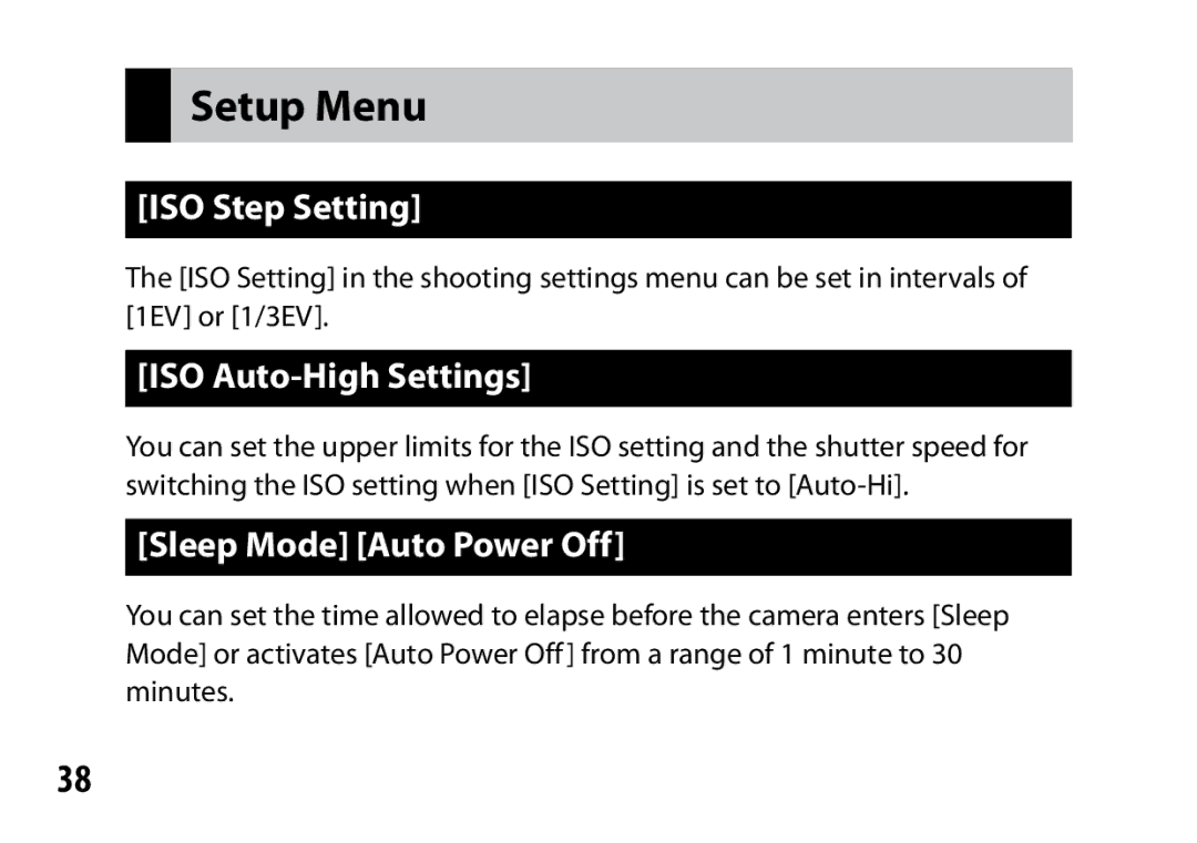 Ricoh A16 instruction manual Setup Menu, ISO Step Setting, ISO Auto-High Settings, Sleep Mode Auto Power Off 