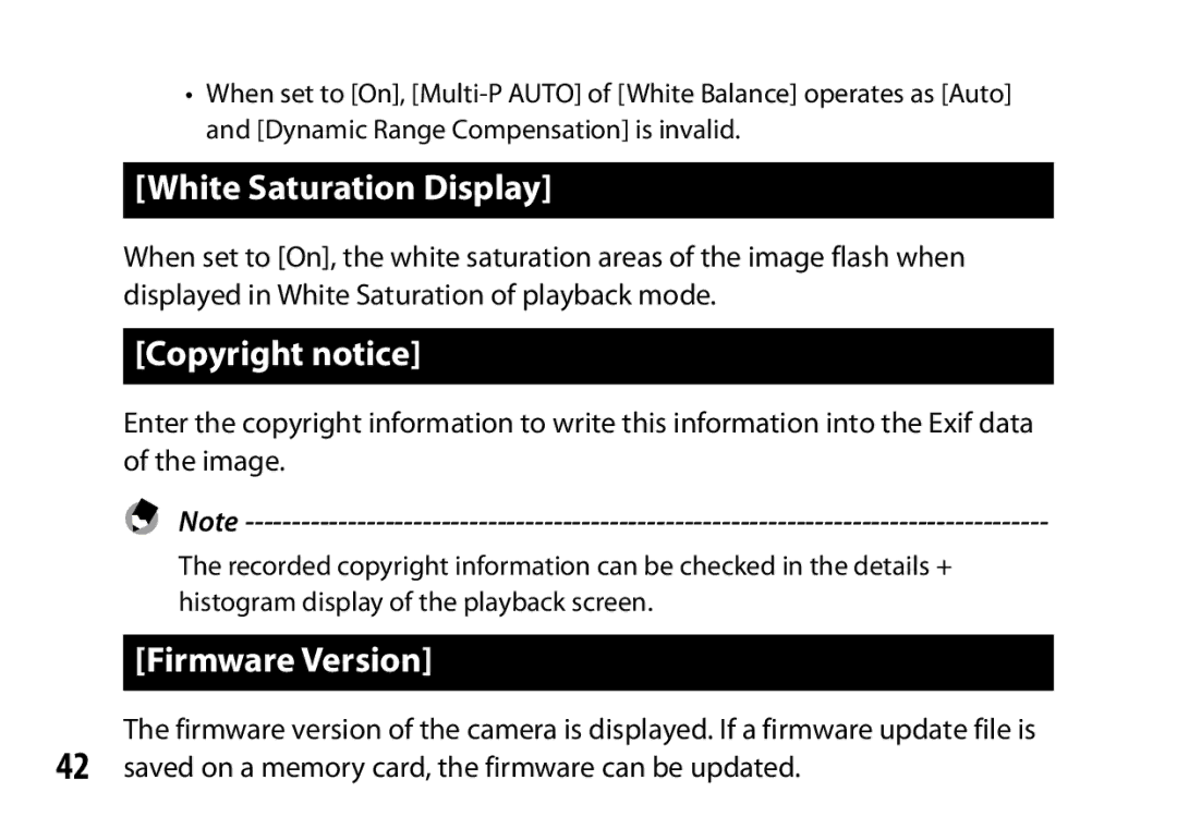 Ricoh A16 instruction manual White Saturation Display, Copyright notice, Firmware Version 