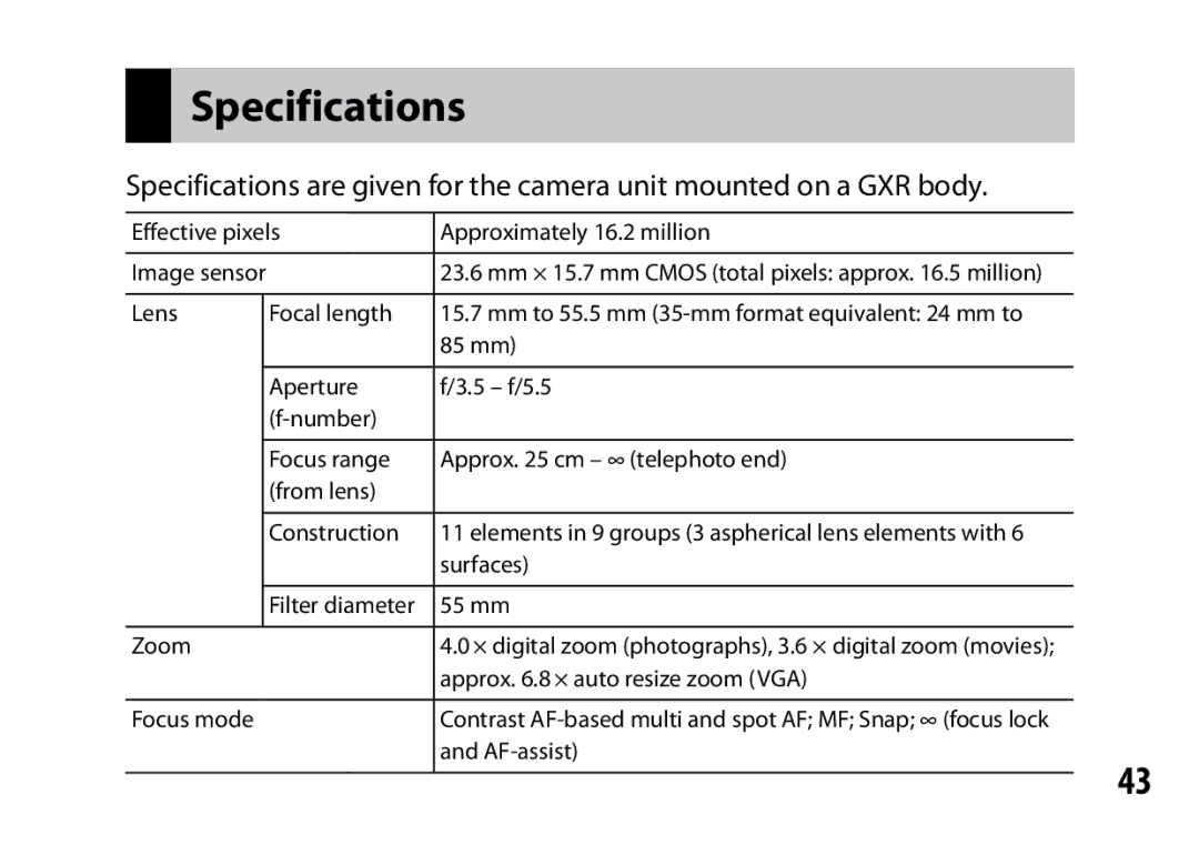 Ricoh A16 instruction manual Specifications 