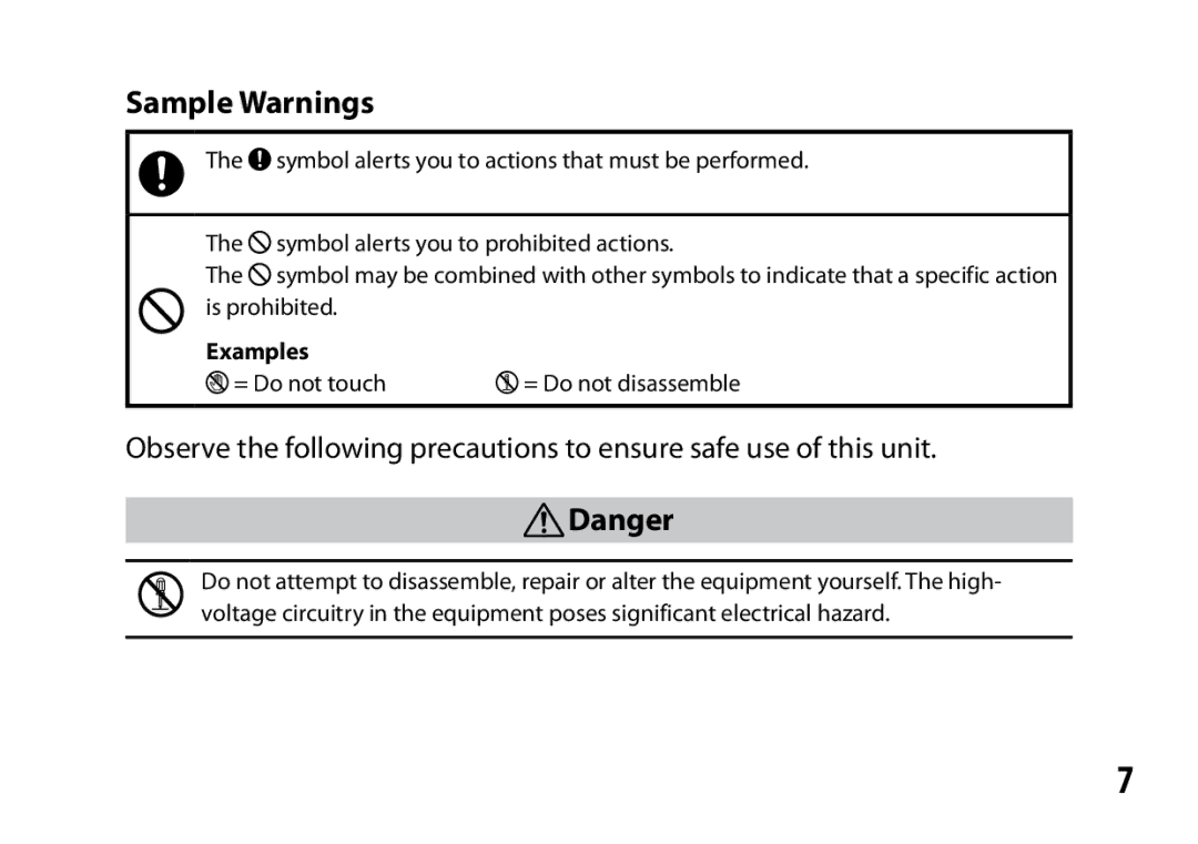 Ricoh A16 instruction manual Sample Warnings 