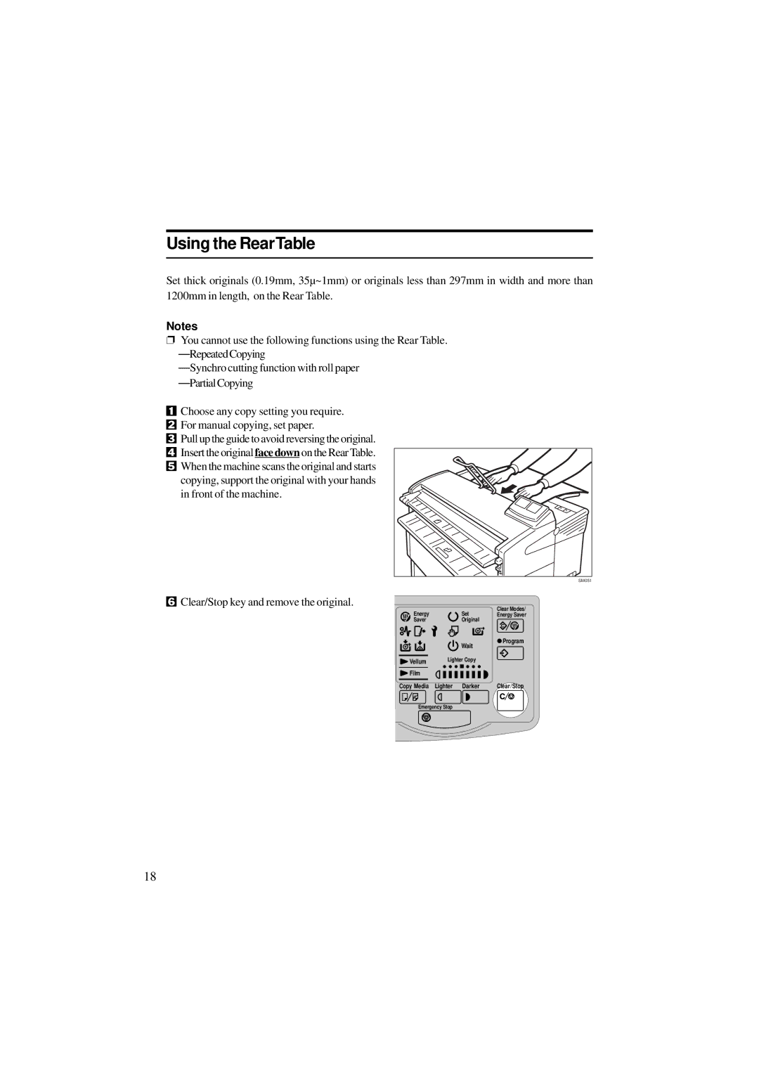 Ricoh A251 manual Using the RearTable, Clear/Stop key and remove the original 