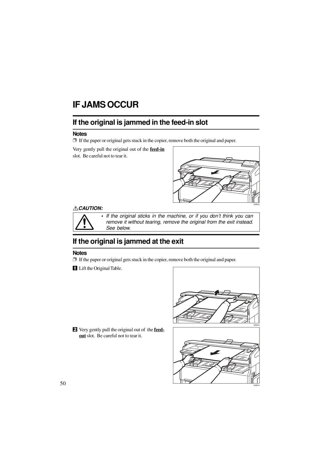 Ricoh A251 manual If Jams Occur, If the original is jammed in the feed-in slot 