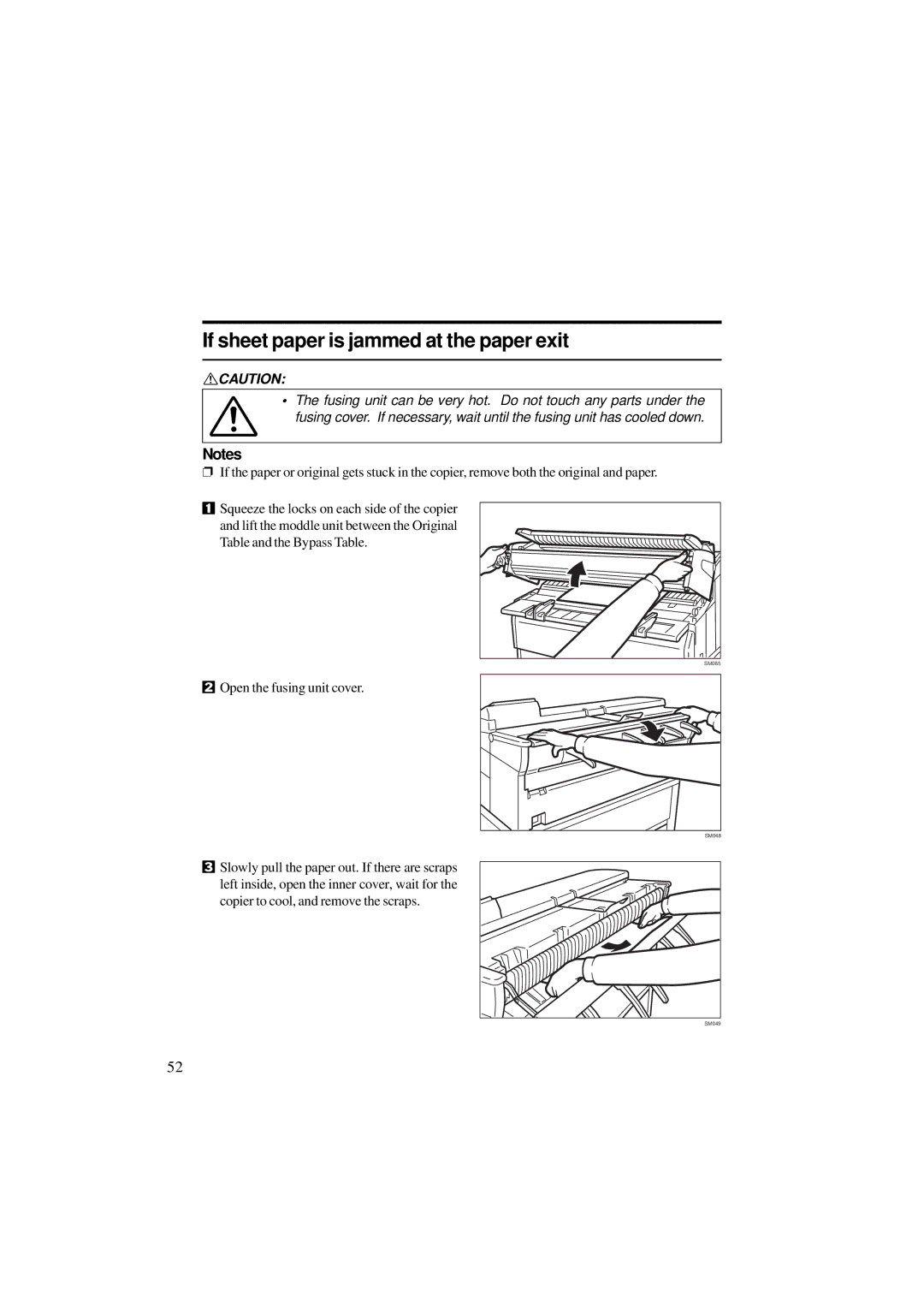 Ricoh A251 manual If sheet paper is jammed at the paper exit, Table and the Bypass Table Open the fusing unit cover 