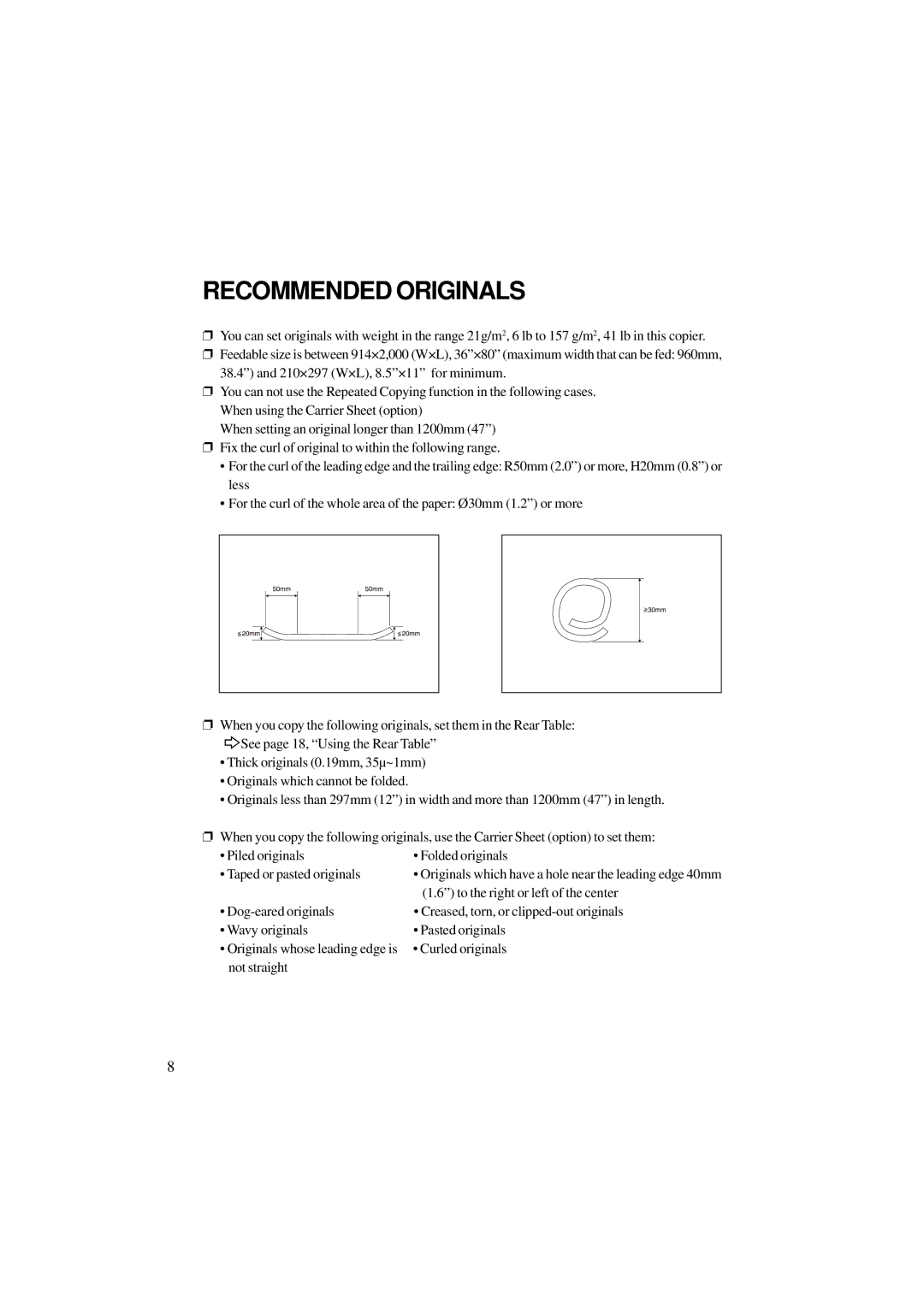 Ricoh A251 manual Recommended Originals, To the right or left of the center 