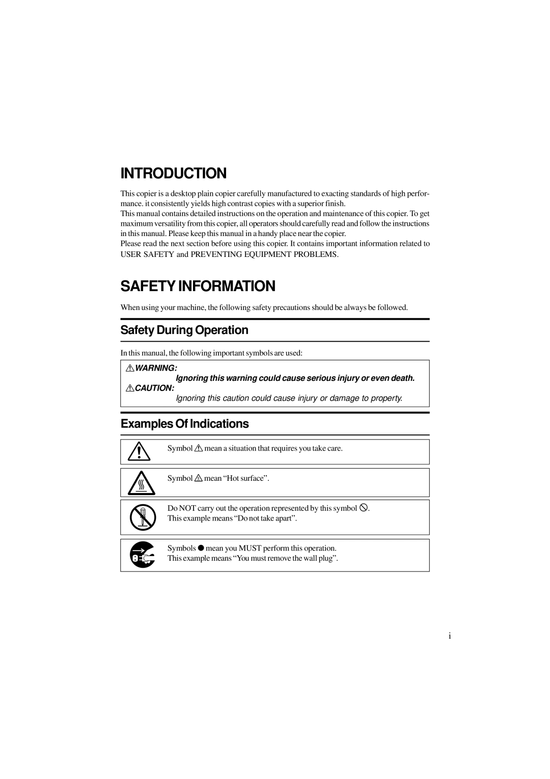 Ricoh A251 manual Introduction, Safety Information, Safety During Operation, Examples Of Indications 