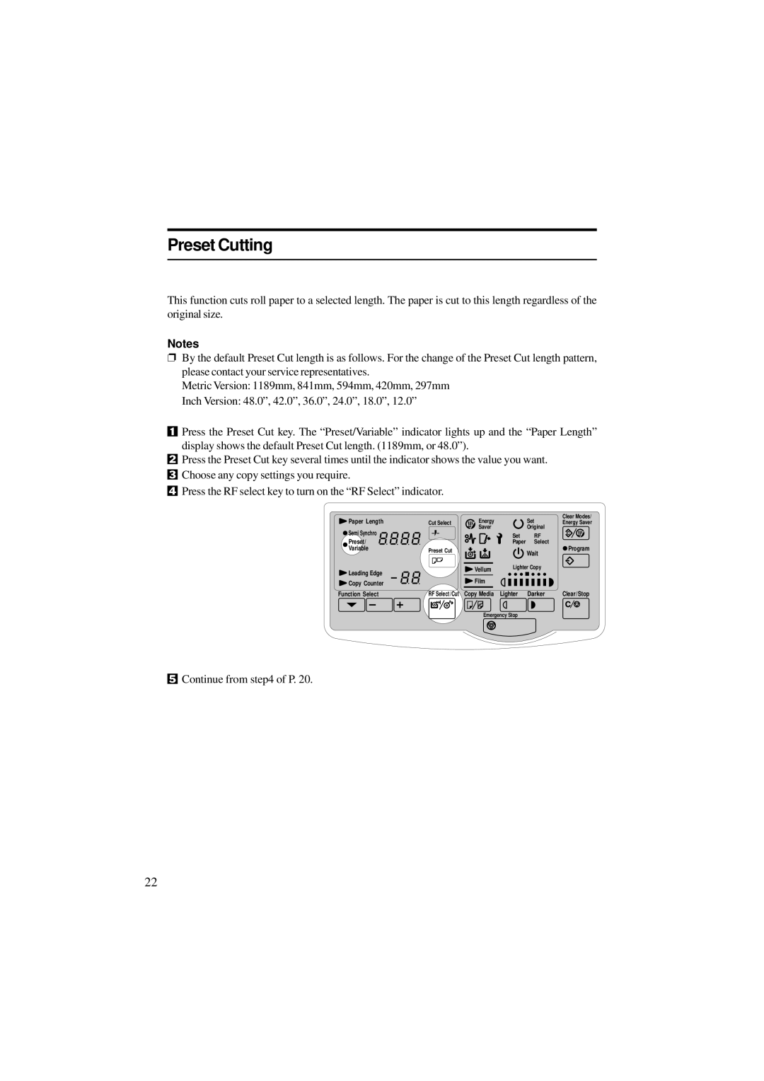 Ricoh A251 manual Preset Cutting, Continue from of P 