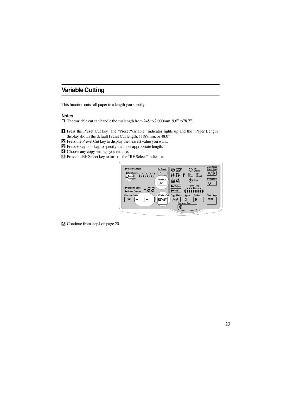 Ricoh A251 manual Variable Cutting, Continue from on 