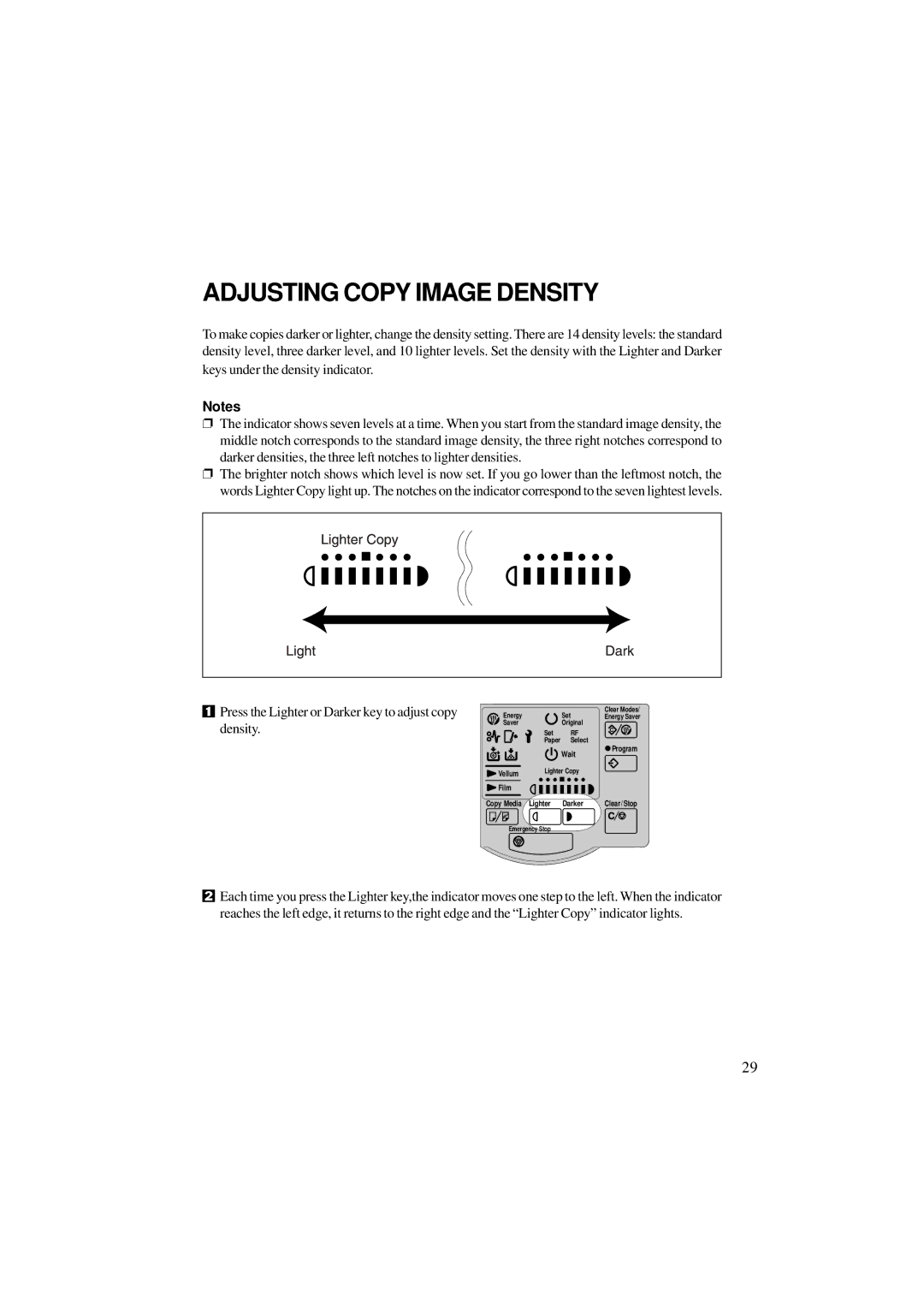 Ricoh A251 manual Adjusting Copy Image Density, Press the Lighter or Darker key to adjust copy density 