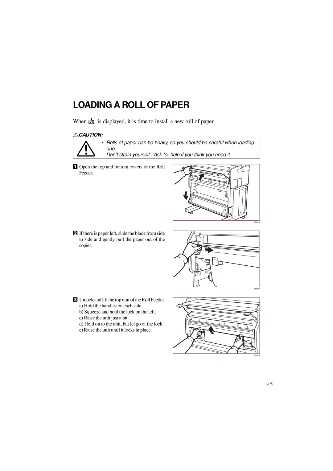 Ricoh A251 manual Loading a Roll of Paper, Open the top and bottom covers of the Roll Feeder 