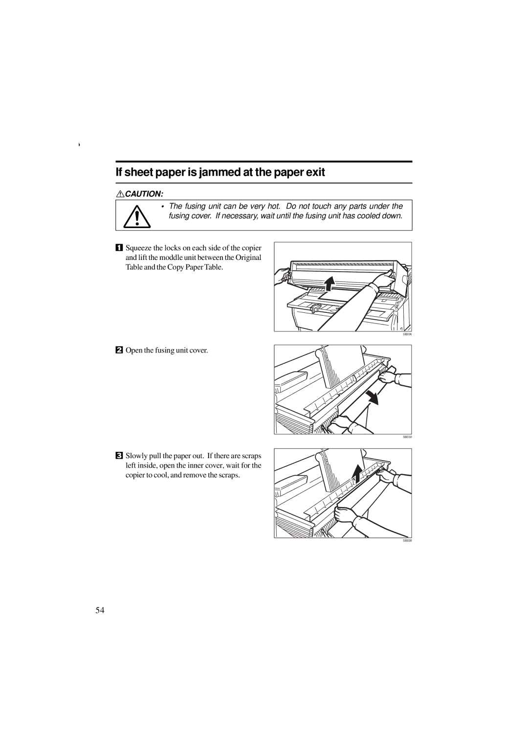 Ricoh A251 manual If sheet paper is jammed at the paper exit, Table and the Copy Paper Table Open the fusing unit cover 