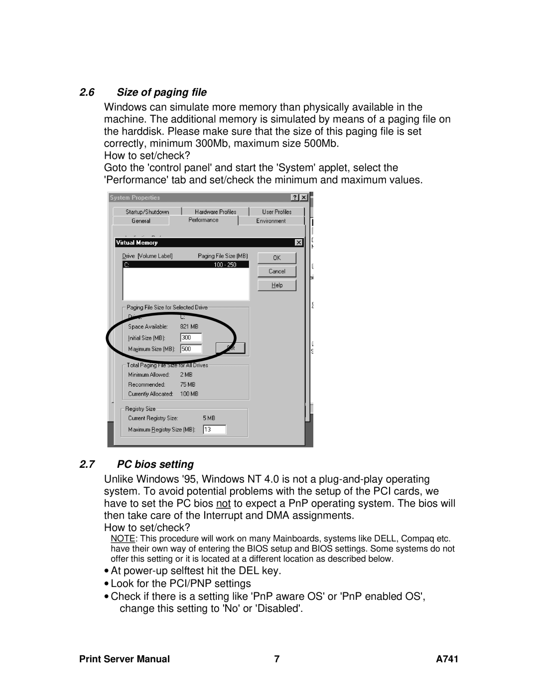 Ricoh A741 manual Size of paging file, PC bios setting 