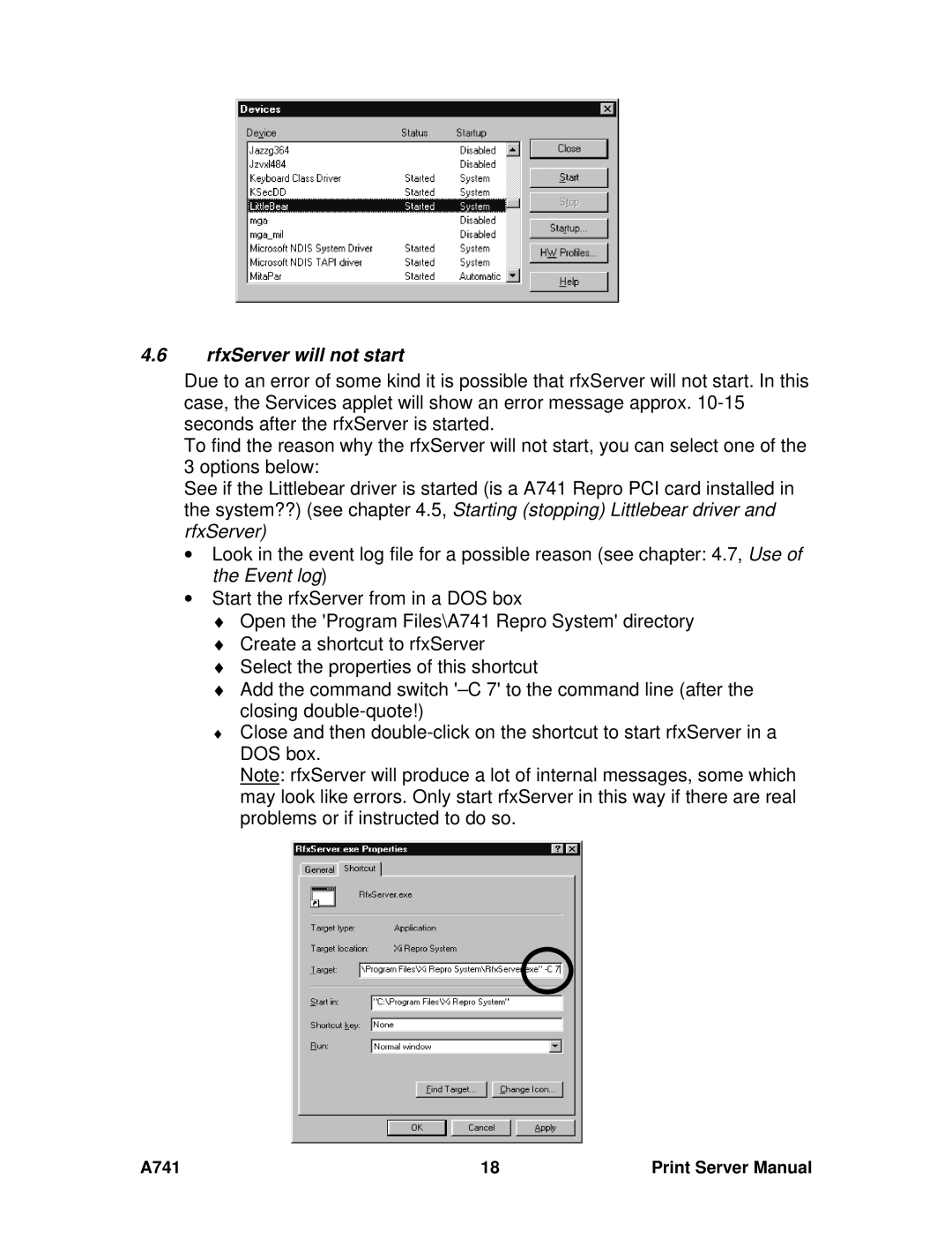 Ricoh A741 manual RfxServer will not start 