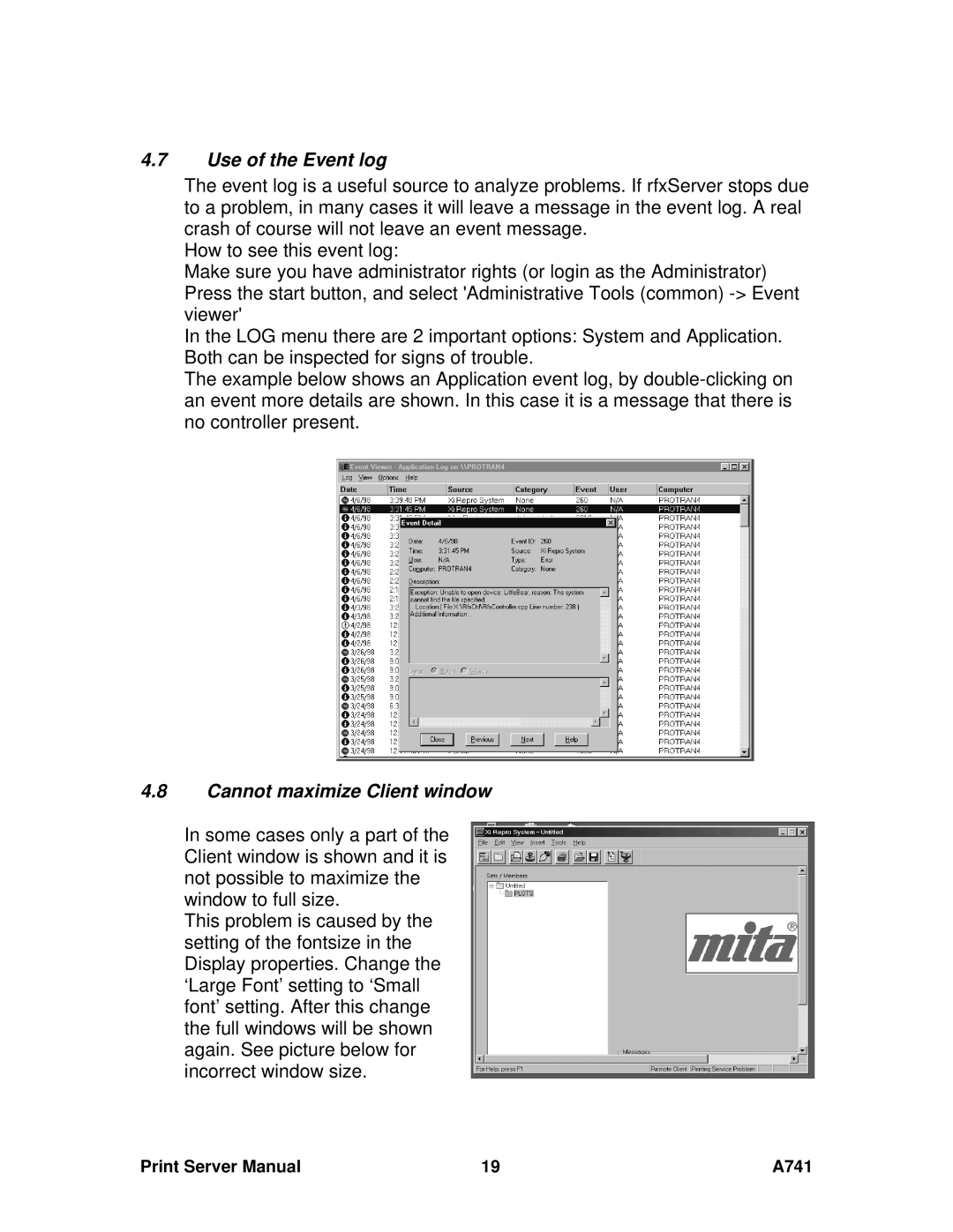 Ricoh A741 manual Use of the Event log, Cannot maximize Client window 