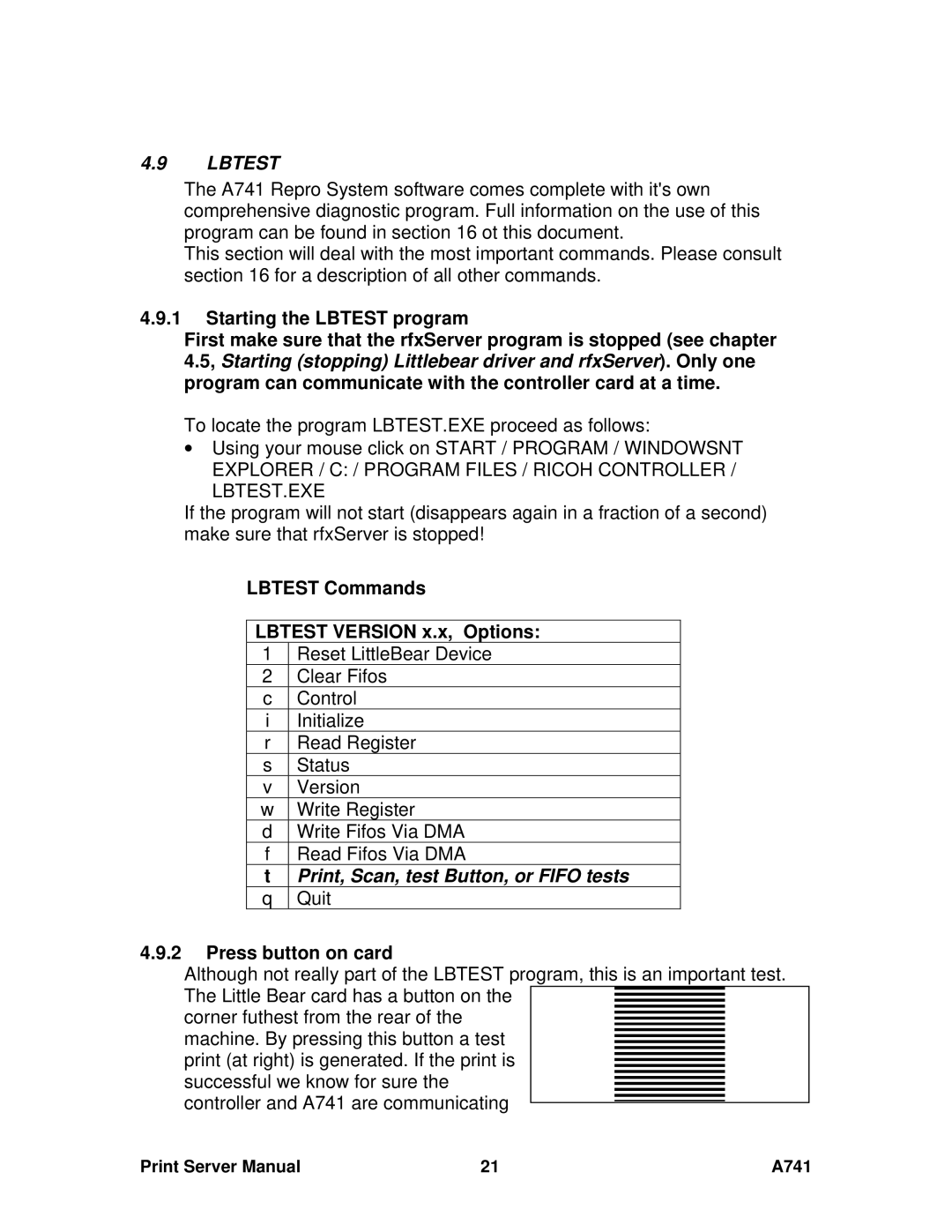 Ricoh A741 manual Starting the Lbtest program, Lbtest Commands Lbtest Version x.x, Options, Press button on card 