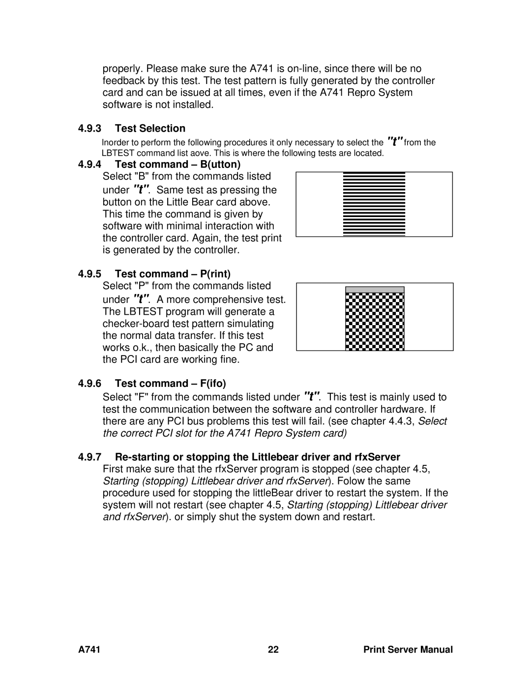 Ricoh A741 manual Test Selection, Test command Print, Test command Fifo 