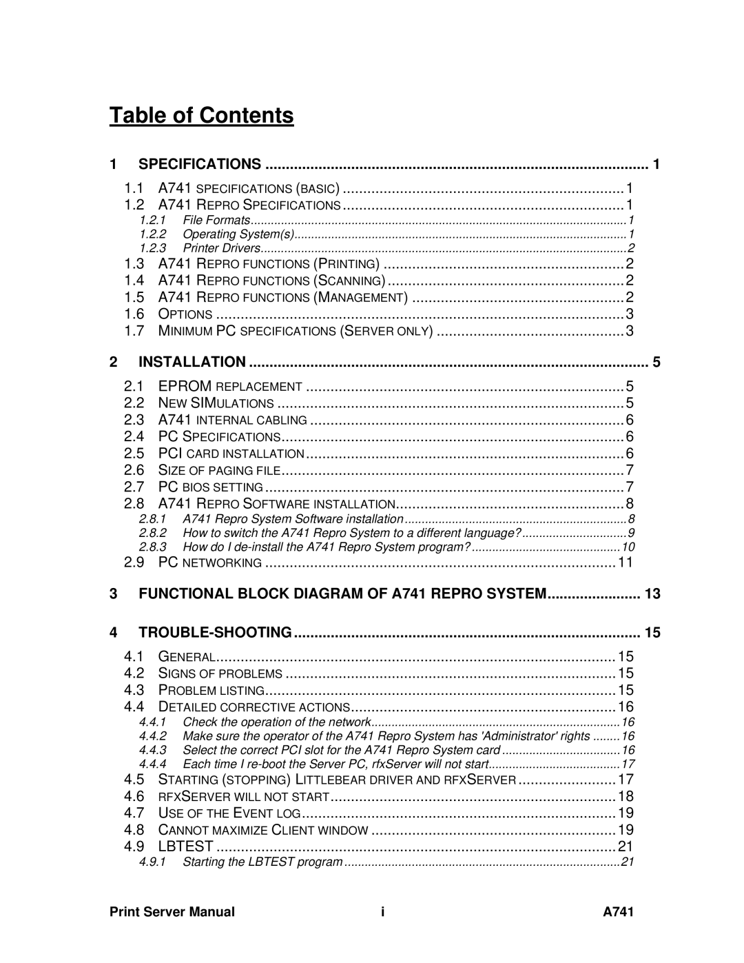 Ricoh A741 manual Table of Contents 