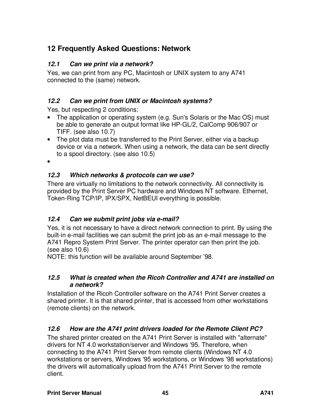 Ricoh A741 manual Frequently Asked Questions Network, Can we print via a network?, Which networks & protocols can we use? 