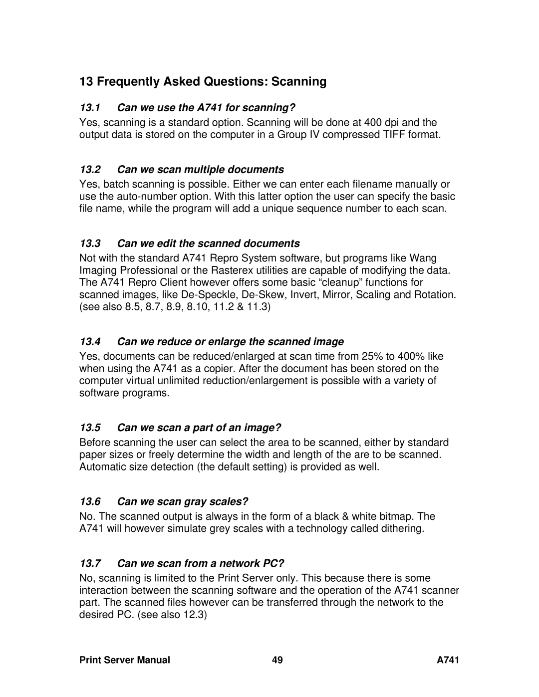 Ricoh A741 manual Frequently Asked Questions Scanning 