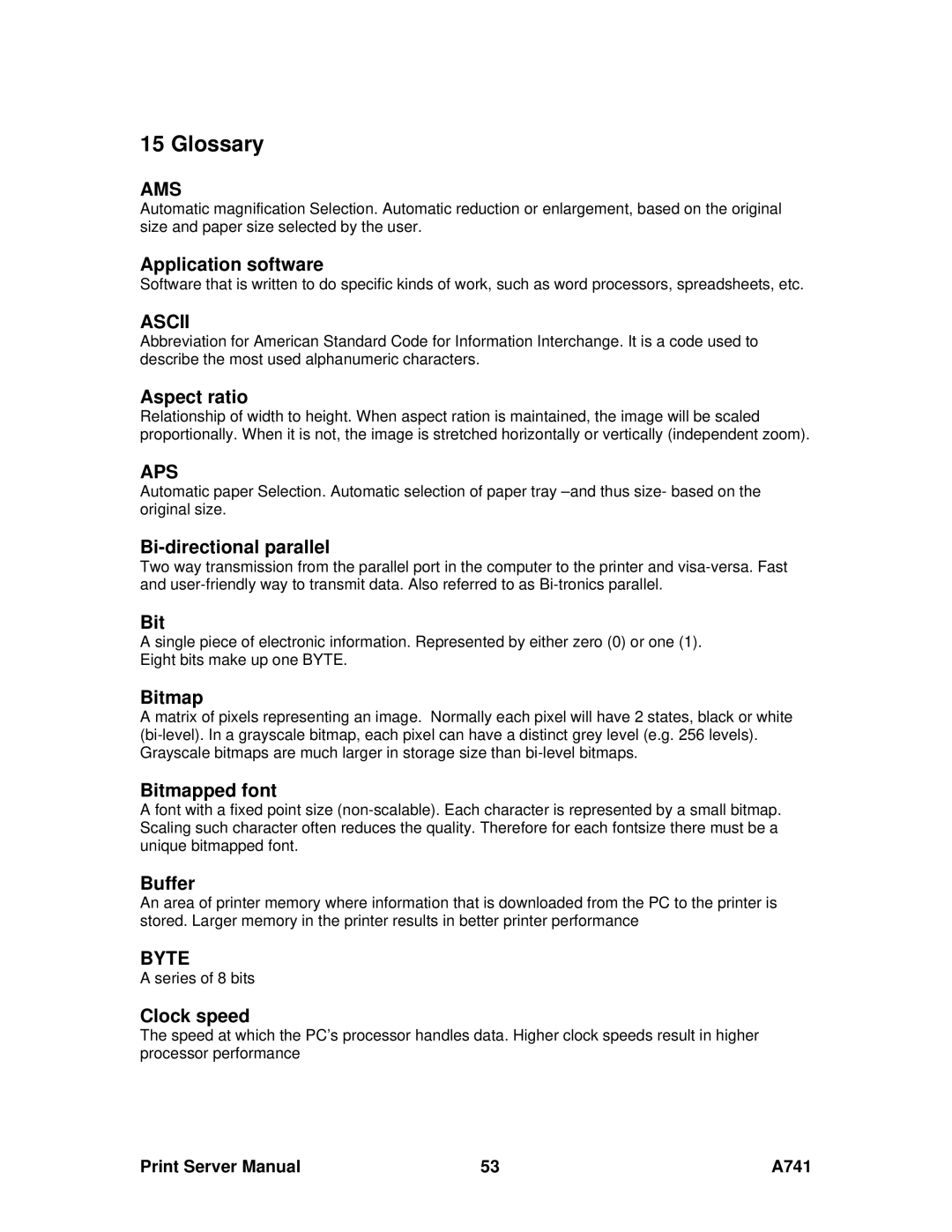 Ricoh A741 manual Glossary, Ams, Ascii, Aps, Byte 