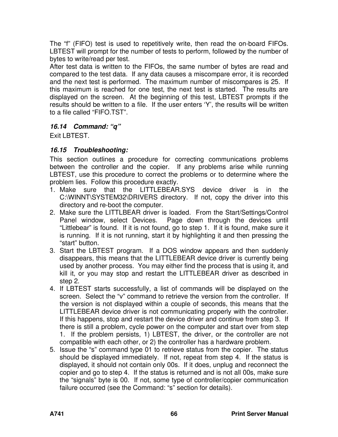 Ricoh A741 manual Command q Exit Lbtest Troubleshooting 