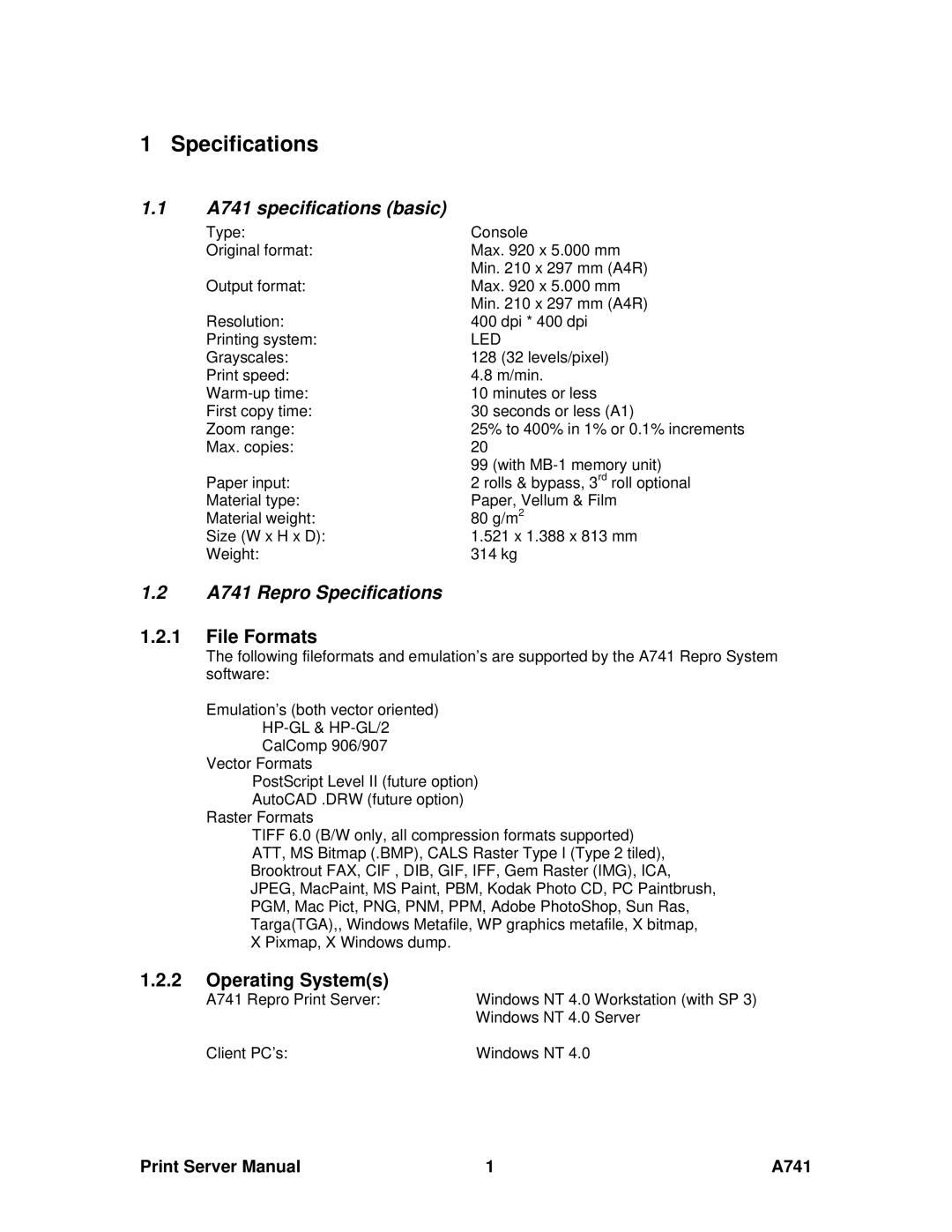 Ricoh manual A741 specifications basic, A741 Repro Specifications, File Formats, Operating Systems 