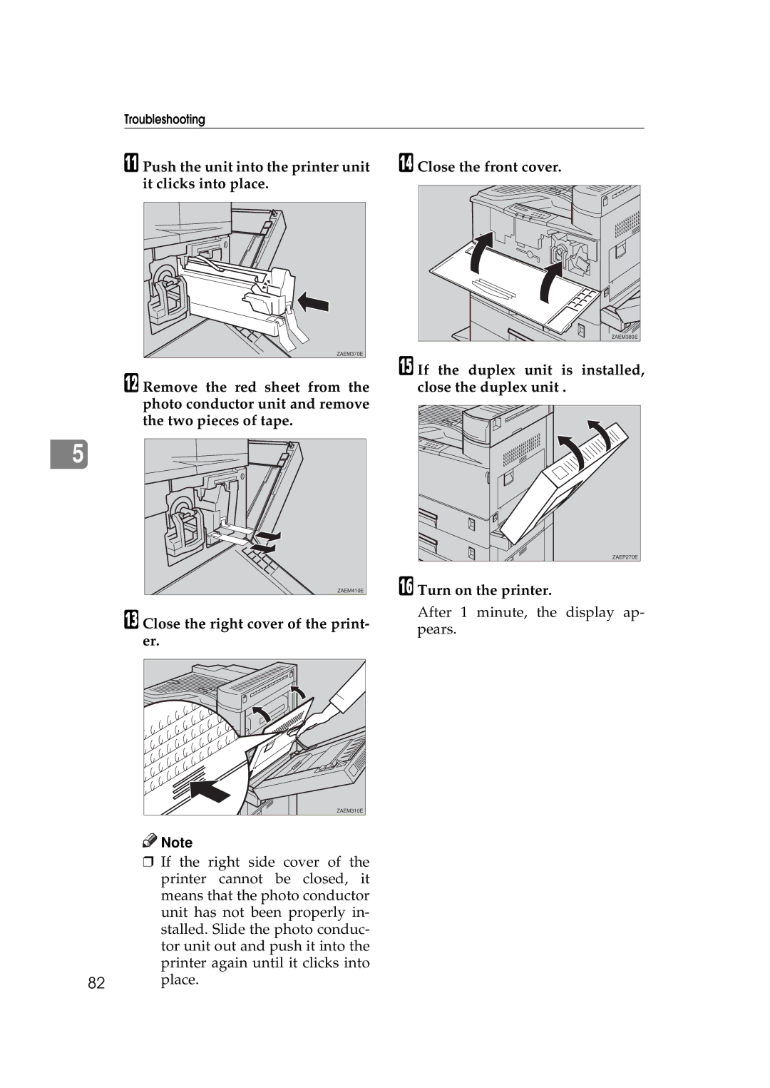 Ricoh Aficio AP2700 Push the unit into the printer unit it clicks into place, Close the right cover of the print- er 