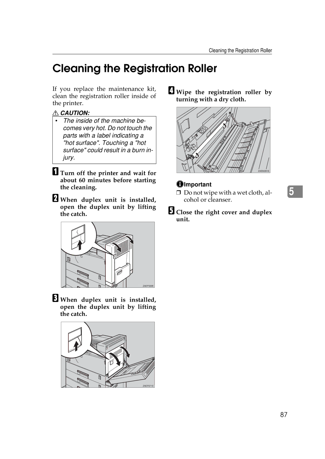 Ricoh Aficio AP2700 Cleaning the Registration Roller, Wipe the registration roller by turning with a dry cloth 