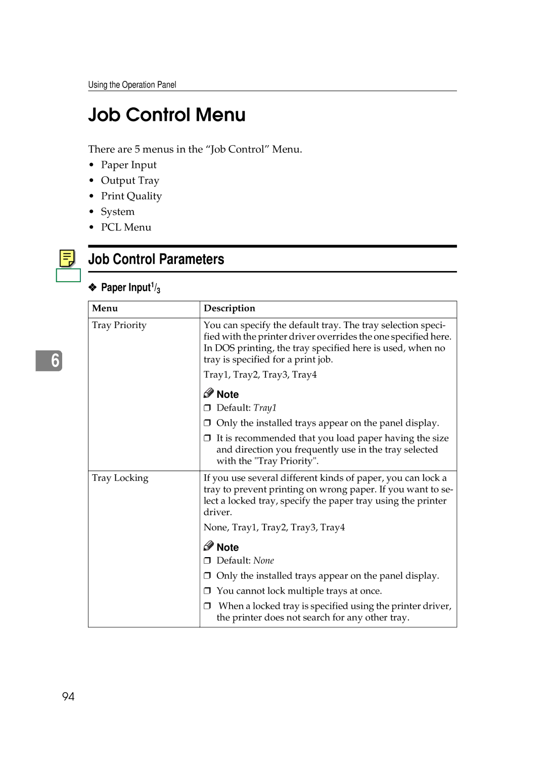 Ricoh Aficio AP2700 operating instructions Job Control Menu, Job Control Parameters, Paper Input1/3 