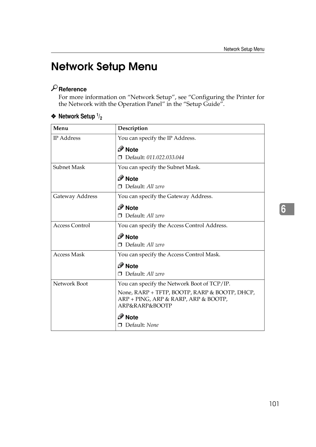 Ricoh Aficio AP2700 operating instructions Network Setup Menu, Network Setup 1/2, Default 