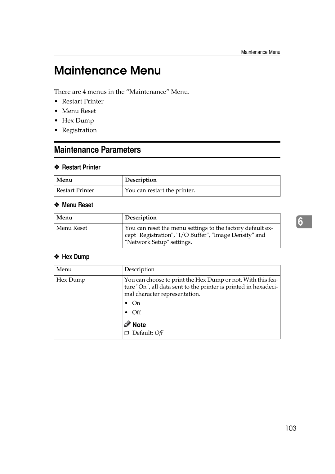 Ricoh Aficio AP2700 operating instructions Maintenance Menu, Maintenance Parameters, Restart Printer, Menu Reset, Hex Dump 