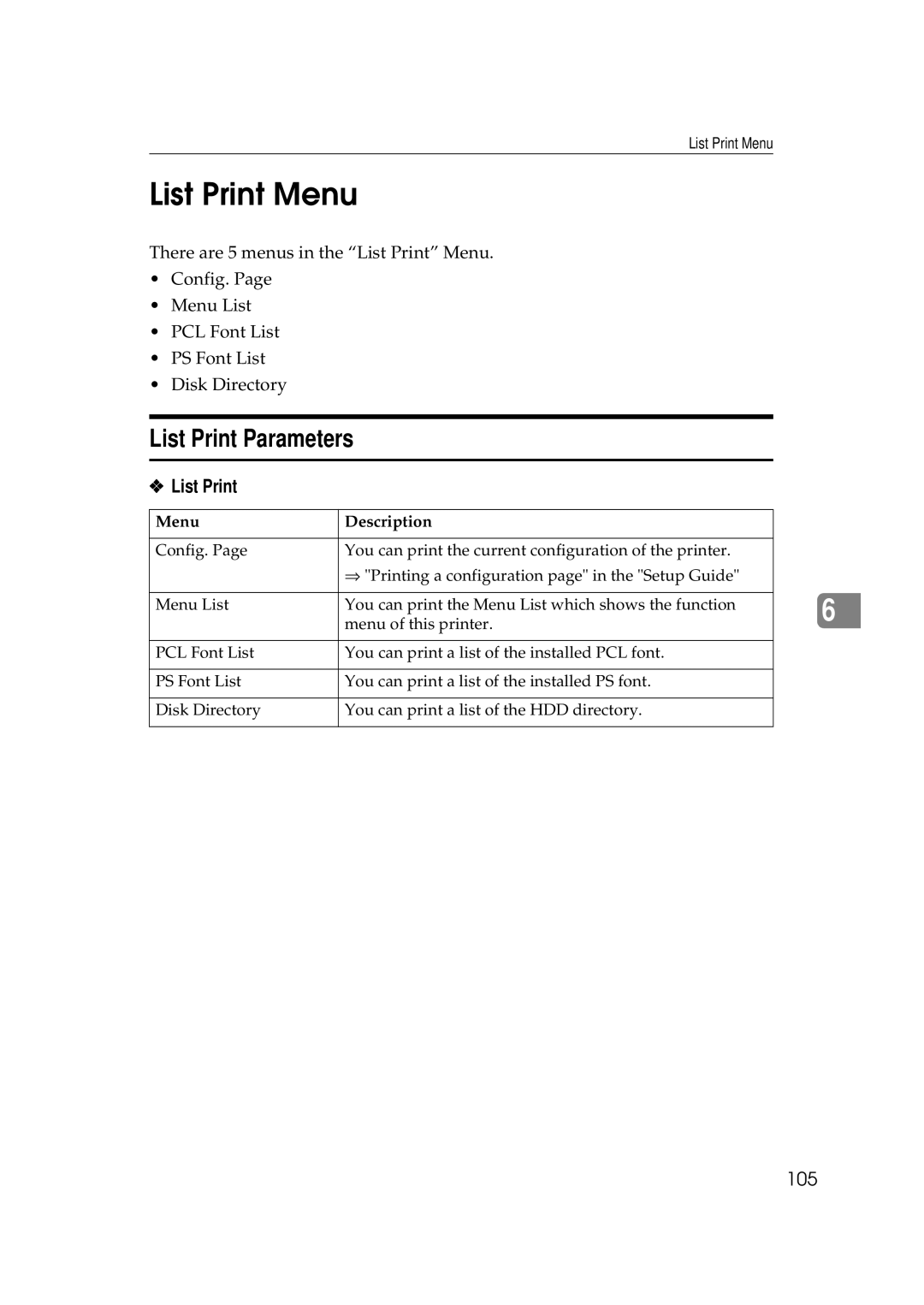 Ricoh Aficio AP2700 operating instructions List Print Menu, List Print Parameters 