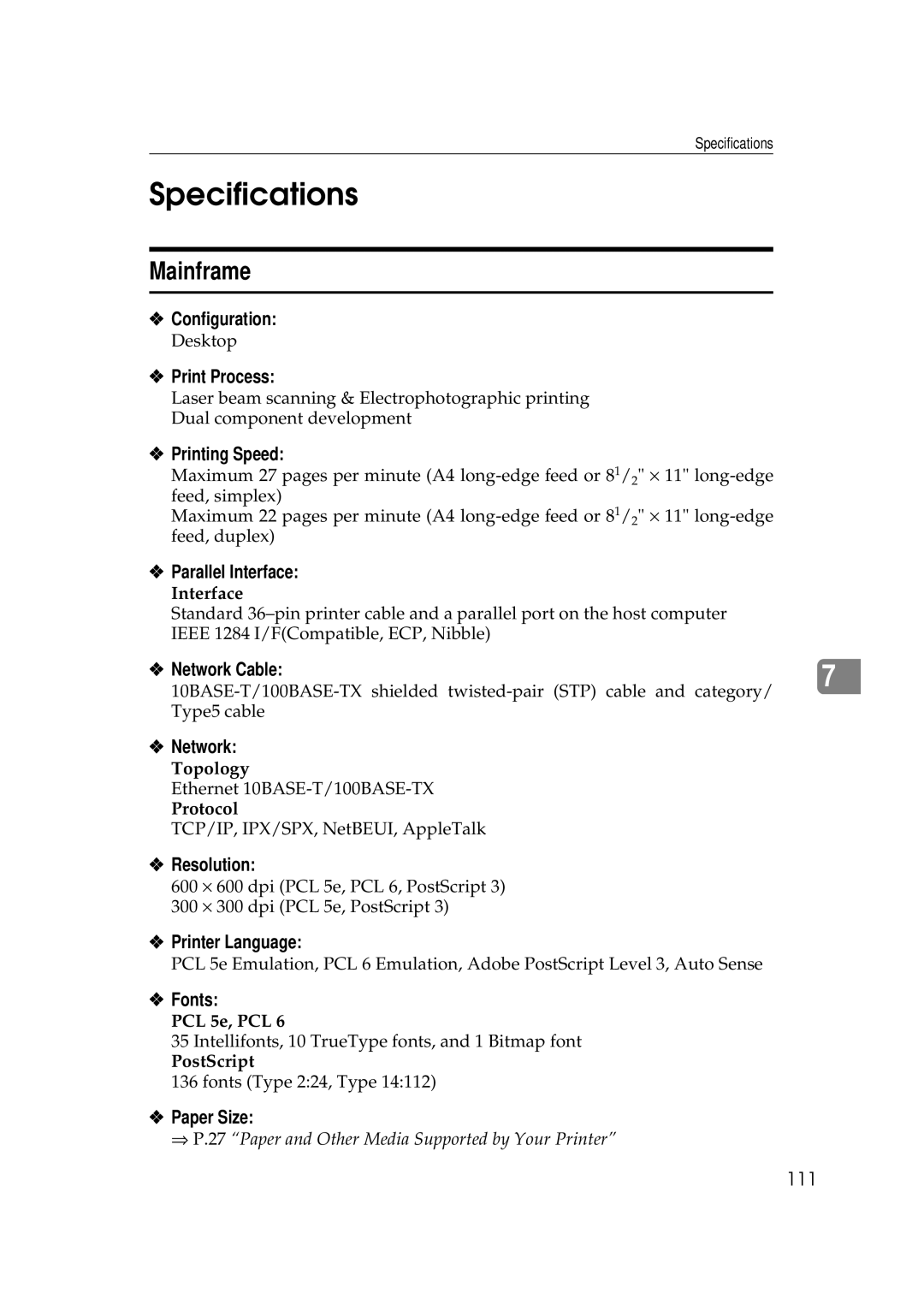 Ricoh Aficio AP2700 operating instructions Specifications, Mainframe 