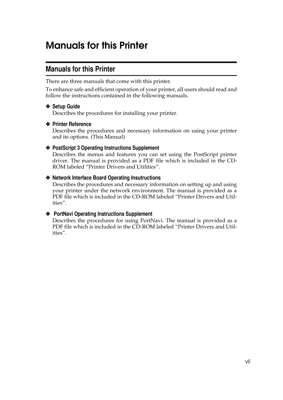 Ricoh Aficio AP2700 operating instructions Manuals for this Printer, Setup Guide, Printer Reference 