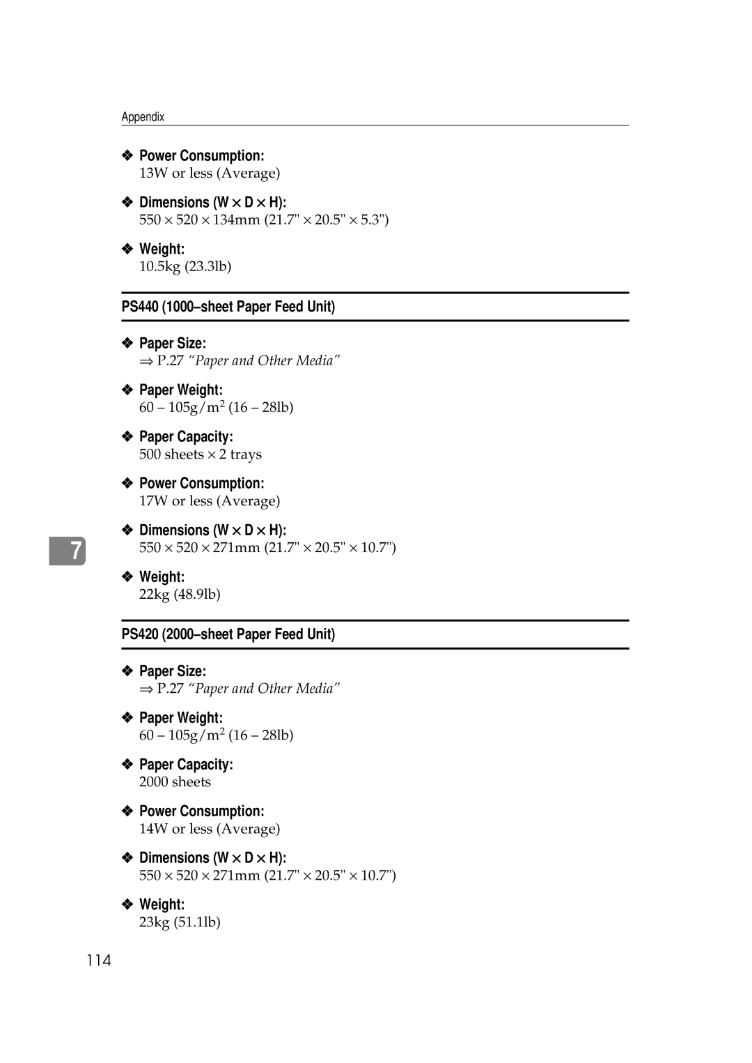 Ricoh Aficio AP2700 operating instructions Dimensions W × D × H, PS440 1000-sheet Paper Feed Unit Paper Size 