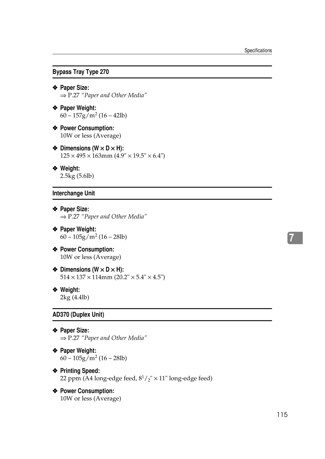 Ricoh Aficio AP2700 Bypass Tray Type Paper Size, Interchange Unit Paper Size, AD370 Duplex Unit Paper Size 