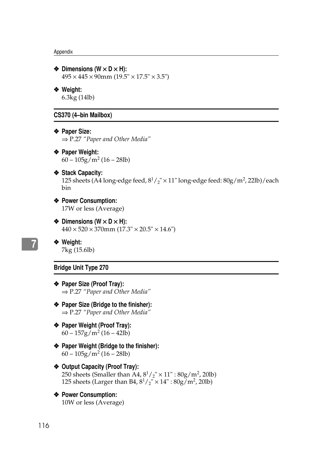 Ricoh Aficio AP2700 CS370 4-bin Mailbox Paper Size, Stack Capacity, Bridge Unit Type Paper Size Proof Tray 