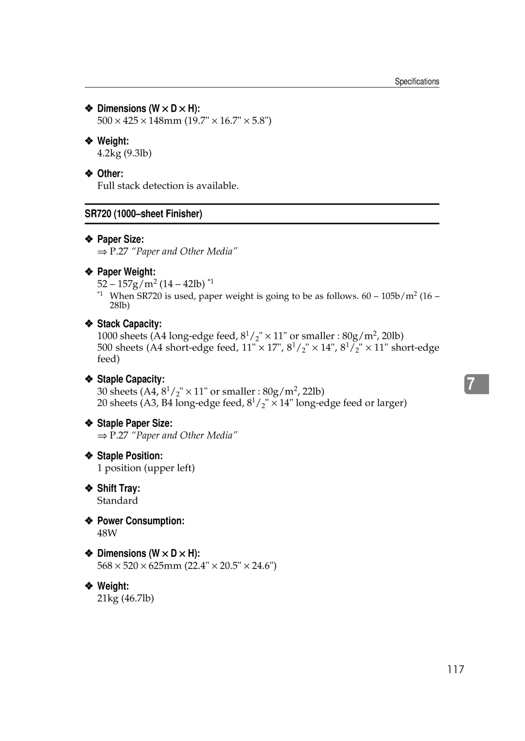 Ricoh Aficio AP2700 Other, SR720 1000-sheet Finisher Paper Size, Staple Capacity, Staple Paper Size, Staple Position 