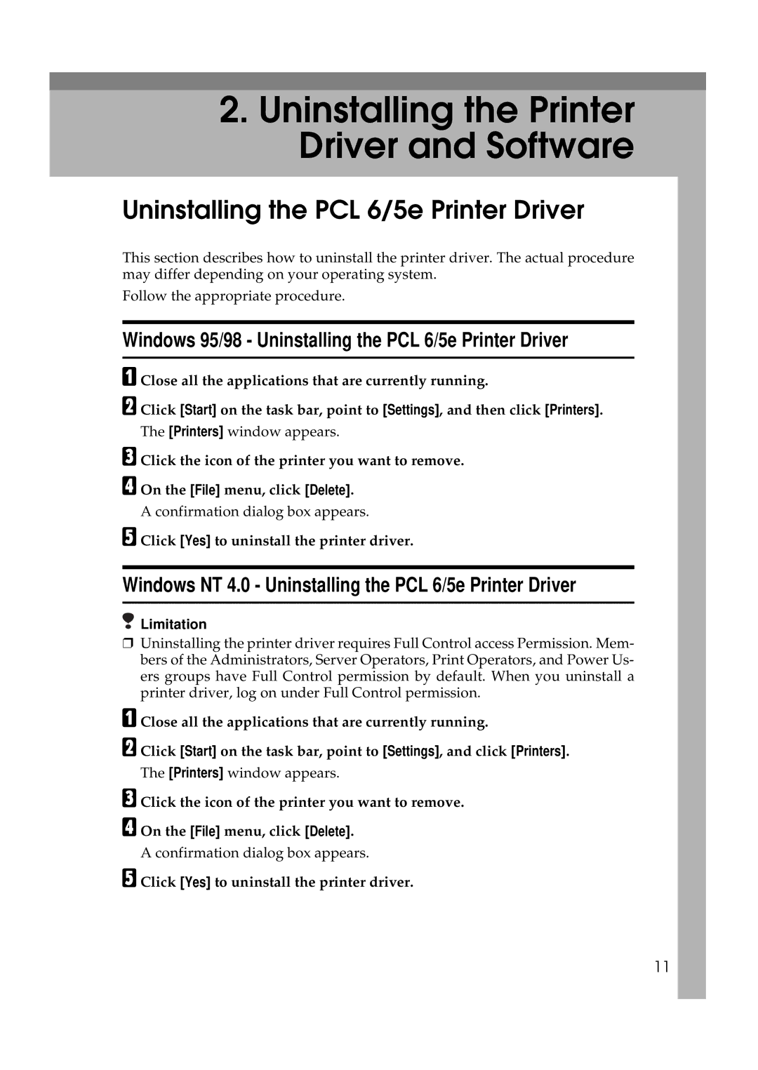 Ricoh Aficio AP2700 operating instructions Windows 95/98 Uninstalling the PCL 6/5e Printer Driver 