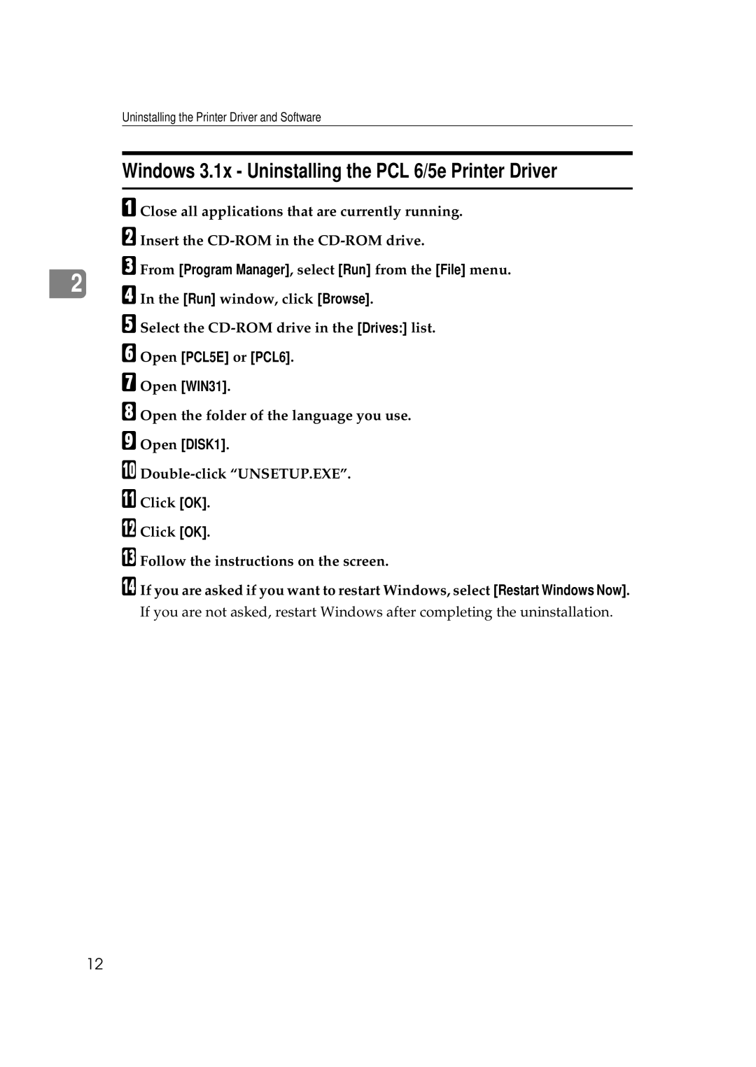 Ricoh Aficio AP2700 Windows 3.1x Uninstalling the PCL 6/5e Printer Driver, Open PCL5E or PCL6 Open WIN31, Open DISK1 