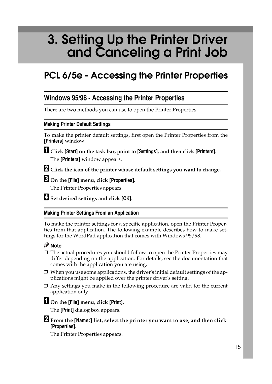 Ricoh Aficio AP2700 PCL 6/5e Accessing the Printer Properties, Windows 95/98 Accessing the Printer Properties 