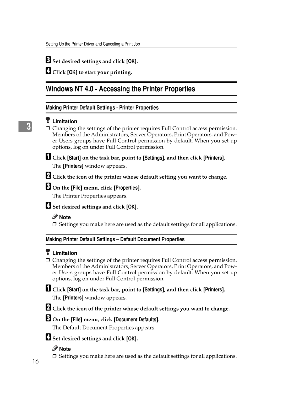 Ricoh Aficio AP2700 Windows NT 4.0 Accessing the Printer Properties, Making Printer Default Settings Printer Properties 