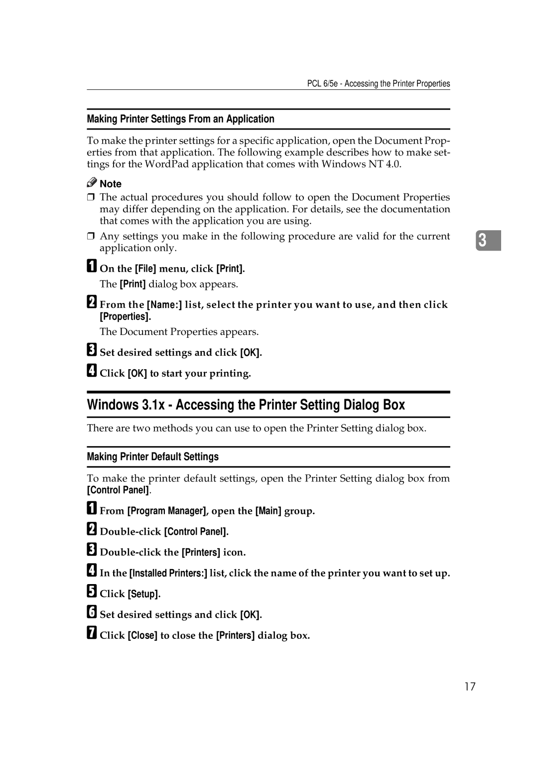 Ricoh Aficio AP2700 operating instructions Windows 3.1x Accessing the Printer Setting Dialog Box 