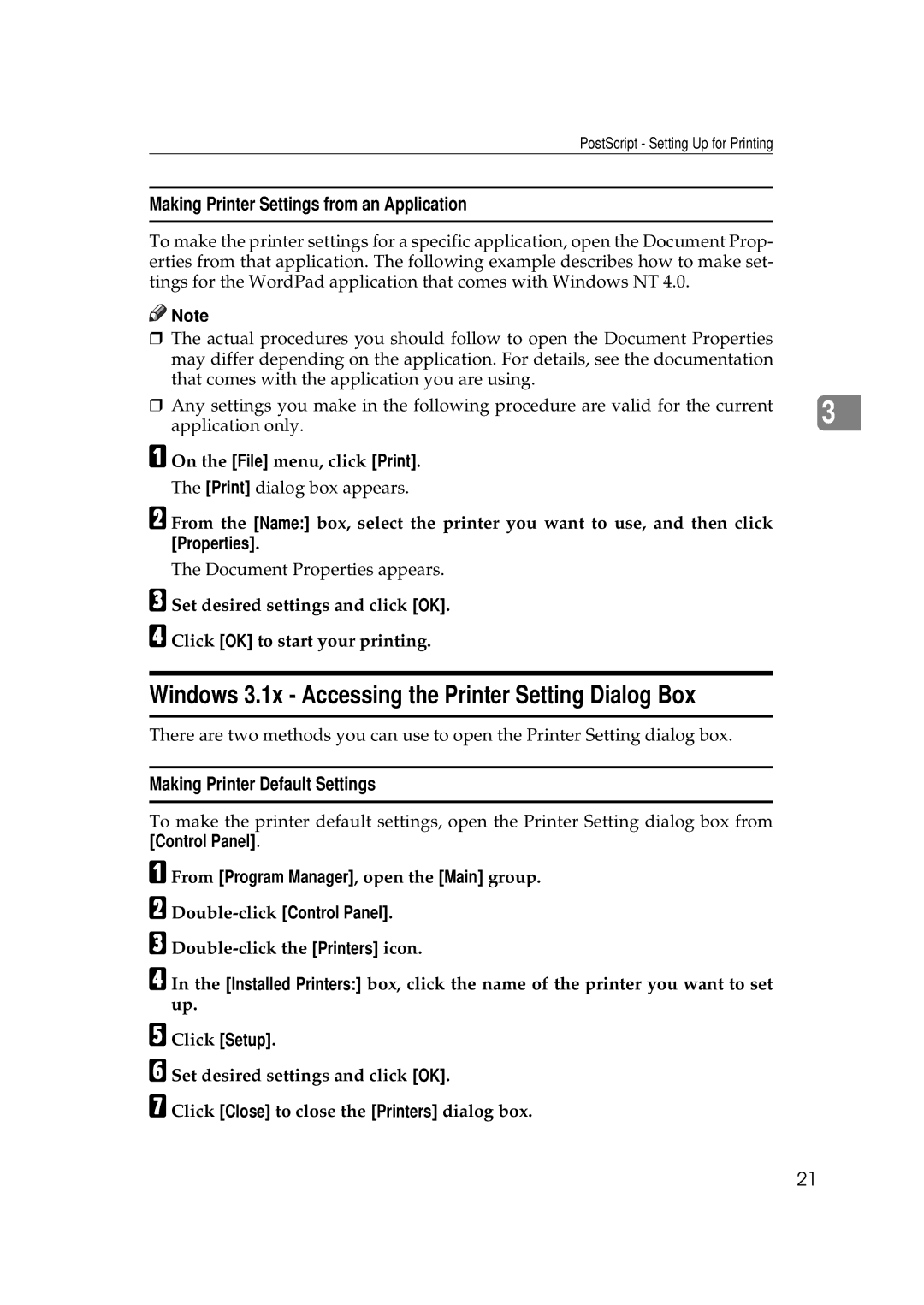 Ricoh Aficio AP2700 operating instructions Windows 3.1x Accessing the Printer Setting Dialog Box 